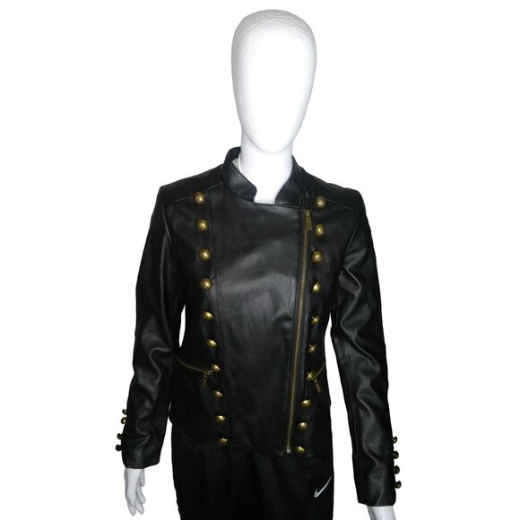 Vince Camuto Black Leather Jacket Gold Buttons Women's Small‎ - Picture 2 of 9